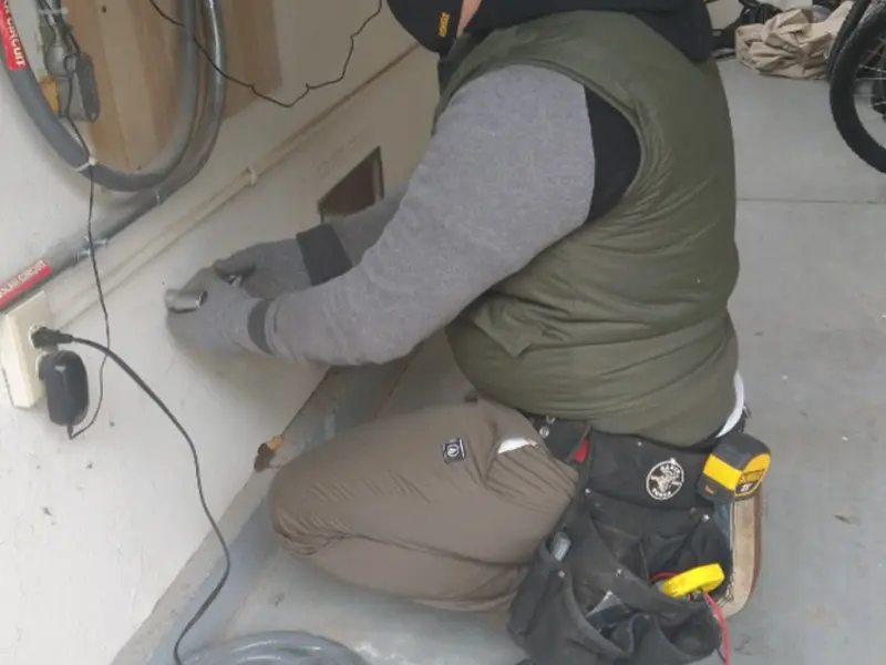 Electrician performing outlet wiring in a Wyndham garage